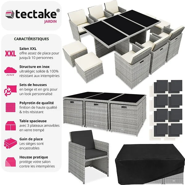 Salon de jardin NEW YORK 10 places avec 2 sets de housses + housse de protection, variante 2 tectake