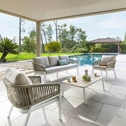 Salon de jardin ORIENGO Taupe & Blanc 5 places - Aluminium traité époxy, Polyester, Acacia certifié FSC®