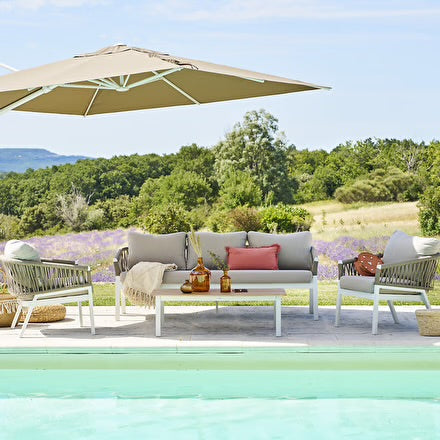 Salon de jardin ORIENGO Taupe & Blanc 5 places - Aluminium traité époxy, Polyester, Acacia certifié FSC®
