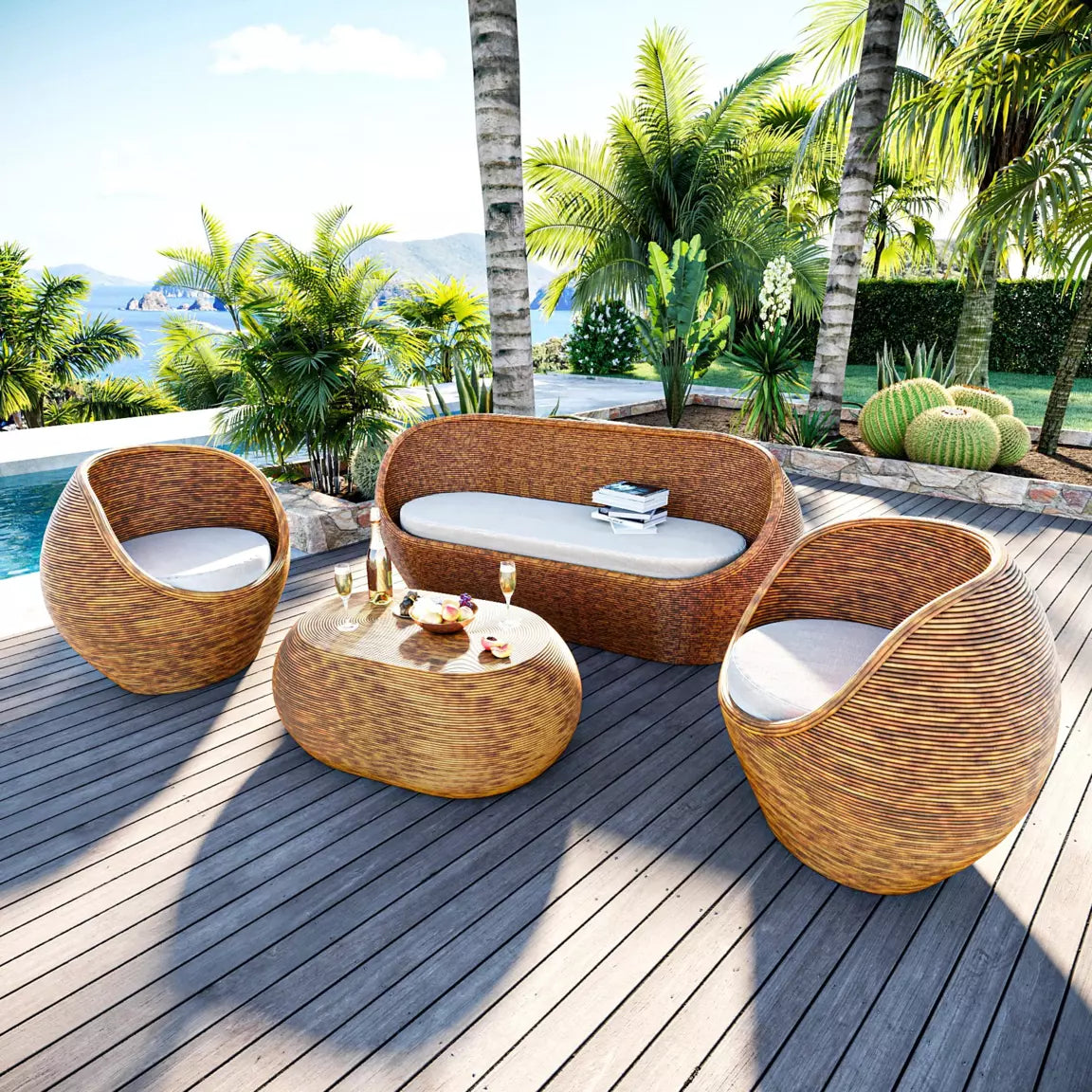 Salon de jardin en rotin 5 places Trinidad - Naturel/Beige